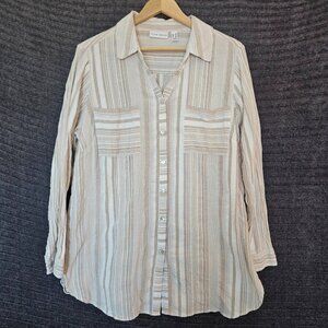 Susan Graver 100% Cotton Tunic Shirt Size 1X White Striped Beige White